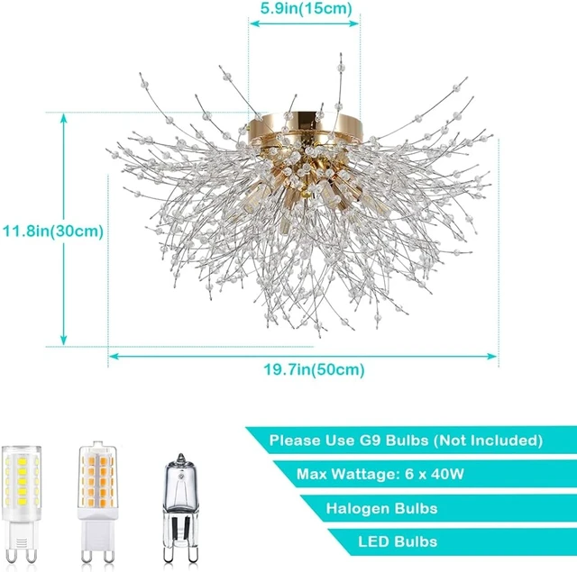 Alt view image 3 of 7 - HMVPL Flush Mount Ceiling Lights, Modern Gold Crystal Sputnik Firework Close to Ceiling Lamp LED Ceiling Lighting Fixtures for Bedroom Kitchen Island Hallway Entryway Porch Gazebo