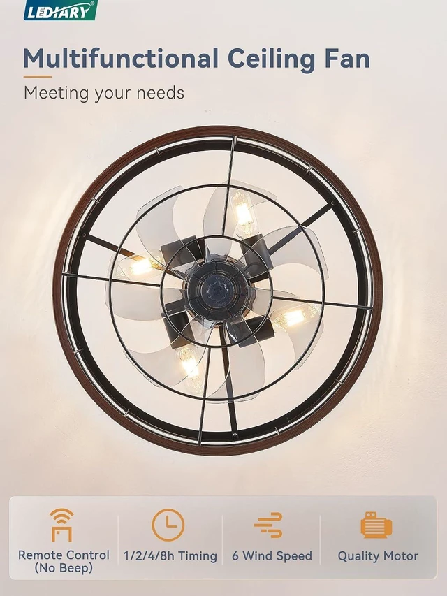 Alt view image 4 of 7 - LEDIARY 20 inch Fandelier Caged Ceiling Fan with Light and Remote, Walnut