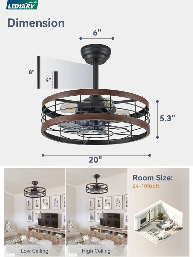 Alt view image 6 of 7 - LEDIARY 20 inch Fandelier Caged Ceiling Fan with Light and Remote, Walnut