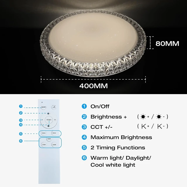 Alt view image 3 of 5 - OOWOLF LED Ceiling Light, 40W 15.4 Inch Dimmable Ceiling Light Brightness Adjustable LED Fixture Lamp Modern Ceiling Lamp Close to Ceiling Lights for Bedroom Kitchen Living Room Lighting, 3000-6000K