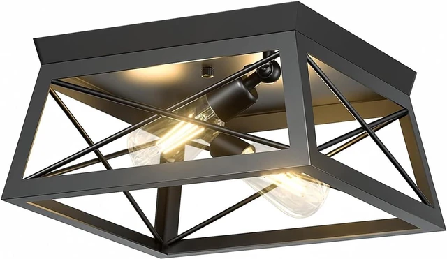Main image of Pynsseu Industrial Ceiling Light, 2 Lights Farmhouse Semi Flush Mount Ceiling Fixture for Kitchen Island Dining Room Bedroom Foyer Hallway, 1 Pack, Black