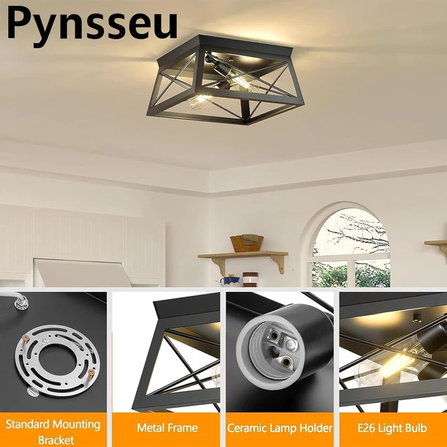 Alt view image 4 of 7 - Pynsseu Industrial Ceiling Light, 2 Lights Farmhouse Semi Flush Mount Ceiling Fixture for Kitchen Island Dining Room Bedroom Foyer Hallway, 1 Pack, Black