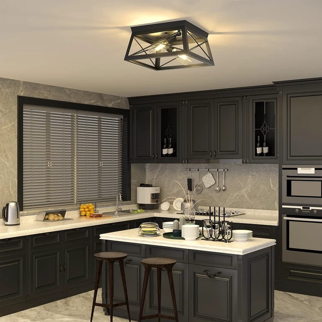 Alt view image 5 of 7 - Pynsseu Industrial Ceiling Light, 2 Lights Farmhouse Semi Flush Mount Ceiling Fixture for Kitchen Island Dining Room Bedroom Foyer Hallway, 1 Pack, Black