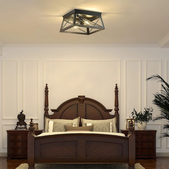 Alt view image 7 of 7 - Pynsseu Industrial Ceiling Light, 2 Lights Farmhouse Semi Flush Mount Ceiling Fixture for Kitchen Island Dining Room Bedroom Foyer Hallway, 1 Pack, Black