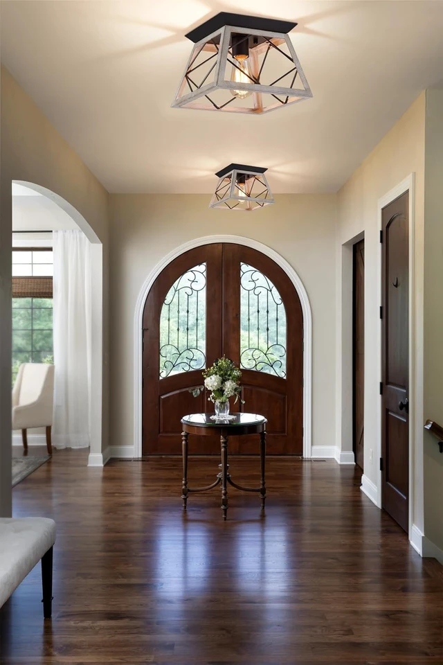 Alt view image 3 of 7 - Q&S Rustic Farmhouse Ceiling Light Fixture Flush Mount Vintage Ceiling Lights for Hallway Entryway Kitchen Dining Room Bedroom,Wrought Iron Oak White and ORB 1 Light E26
