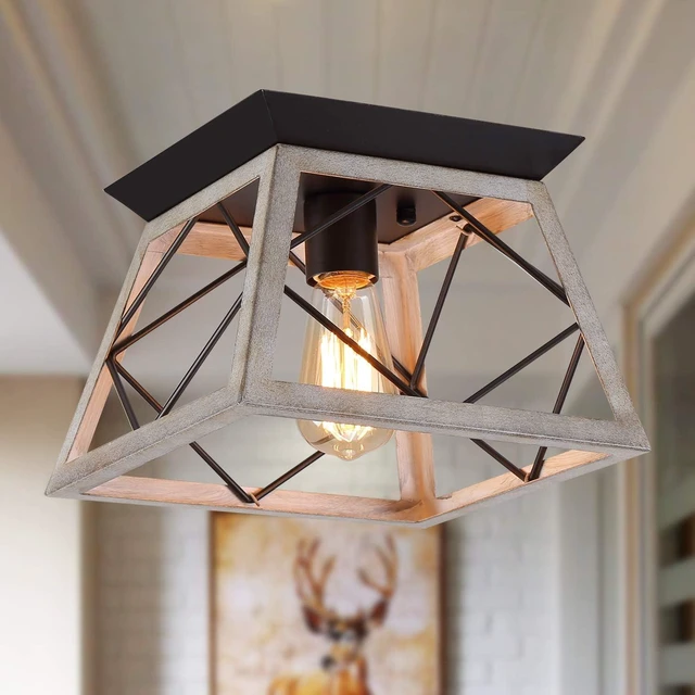 Main image of Q&S Rustic Farmhouse Ceiling Light Fixture Flush Mount Vintage Ceiling Lights for Hallway Entryway Kitchen Dining Room Bedroom,Wrought Iron Oak White and ORB 1 Light E26