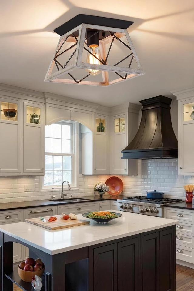 Alt view image 2 of 7 - Q&S Rustic Farmhouse Ceiling Light Fixture Flush Mount Vintage Ceiling Lights for Hallway Entryway Kitchen Dining Room Bedroom,Wrought Iron Oak White and ORB 1 Light E26
