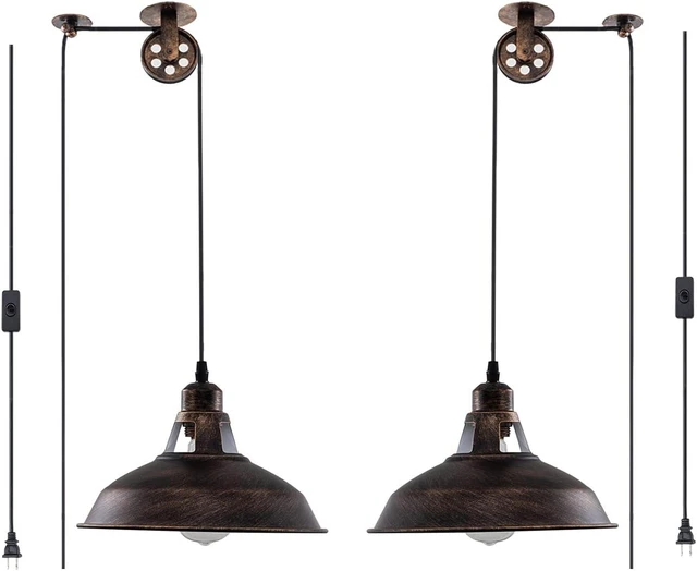 Main image of Plug in Pendant Light Industrial Pulley Pendant Lamp E26 Vintage Hanging Light Fixture With 16.4ft Cord On/Off Switch For Pool Table,Houseplant Grow lights,Kitchen Island,Sink 2 Pack Aged Bronze