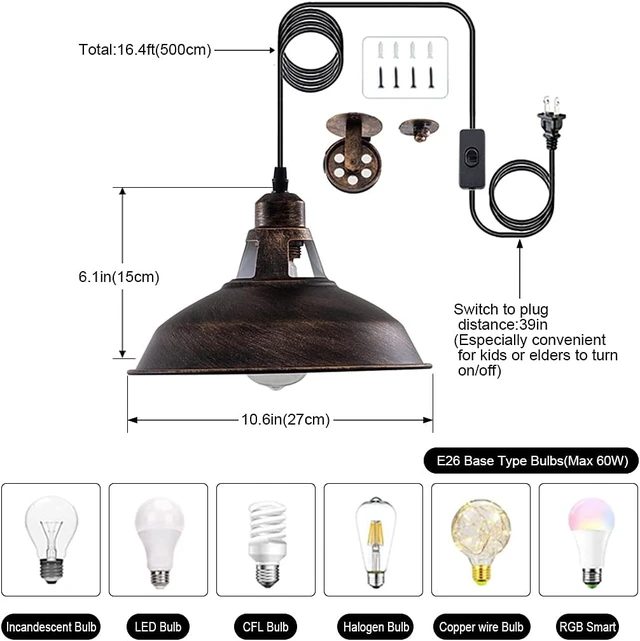Alt view image 6 of 7 - Plug in Pendant Light Industrial Pulley Pendant Lamp E26 Vintage Hanging Light Fixture With 16.4ft Cord On/Off Switch For Pool Table,Houseplant Grow lights,Kitchen Island,Sink 2 Pack Aged Bronze