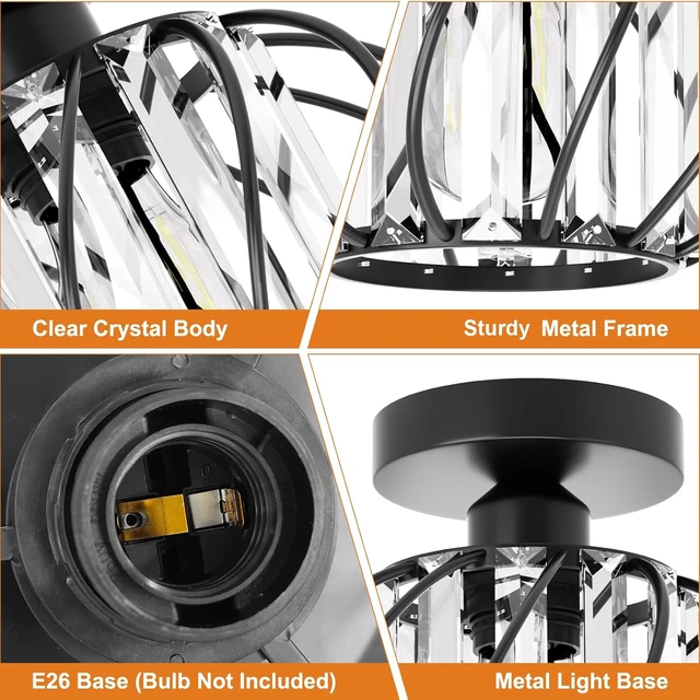 Alt view image 5 of 7 - Black Crystal Ceiling Light Fixture - Crystal Chandelier Small Semi Flush Mount Ceiling Light Modern Lights Ceiling mount for Hallway Kitchen Entryway Bedroom Bathroom (2 Pack, 7.48 Inch)