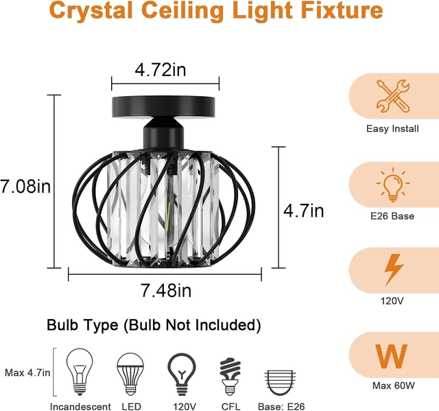 Alt view image 6 of 7 - Black Crystal Ceiling Light Fixture - Crystal Chandelier Small Semi Flush Mount Ceiling Light Modern Lights Ceiling mount for Hallway Kitchen Entryway Bedroom Bathroom (2 Pack, 7.48 Inch)