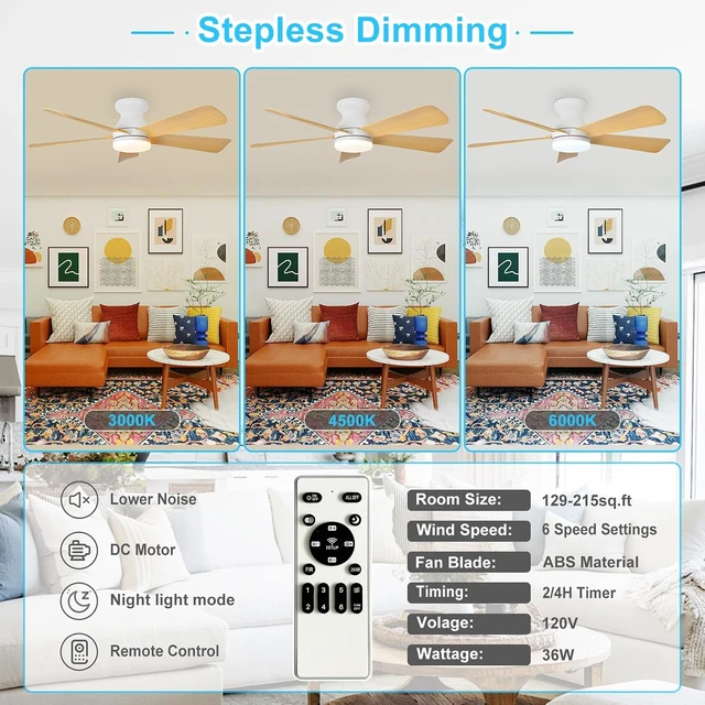Alt view image 3 of 7 - Depuley Modern Ceiling Fan with Light: 42-Inch White Small Fans for Bedroom Indoor Outdoor - Dimmable Low Profile Ceiling Fans with Remote Control Flush Mount 5 Reversible Wood Blades 6 Speeds Timer