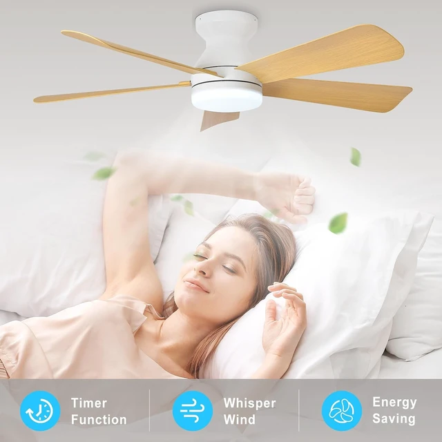 Alt view image 7 of 7 - Depuley Modern Ceiling Fan with Light: 42-Inch White Small Fans for Bedroom Indoor Outdoor - Dimmable Low Profile Ceiling Fans with Remote Control Flush Mount 5 Reversible Wood Blades 6 Speeds Timer