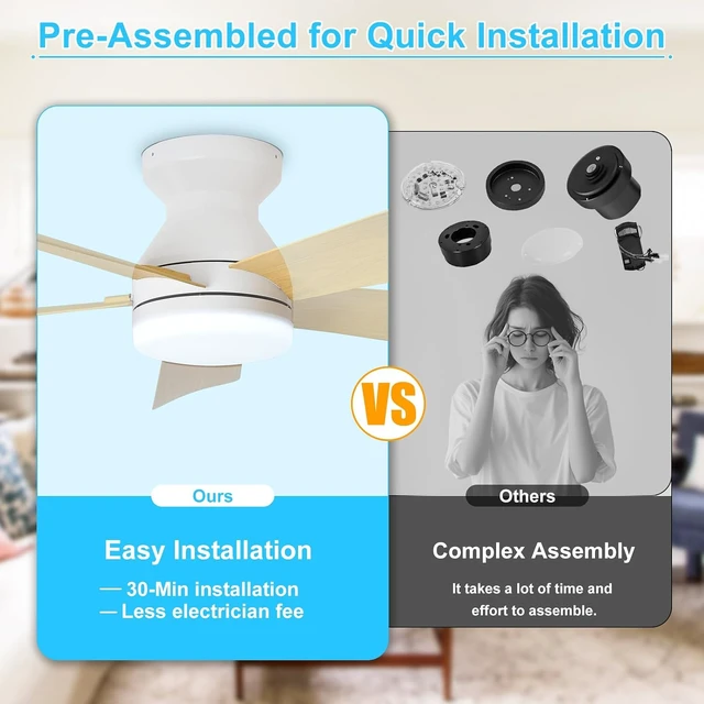 Alt view image 6 of 7 - Depuley Modern Ceiling Fan with Light: 42-Inch White Small Fans for Bedroom Indoor Outdoor - Dimmable Low Profile Ceiling Fans with Remote Control Flush Mount 5 Reversible Wood Blades 6 Speeds Timer