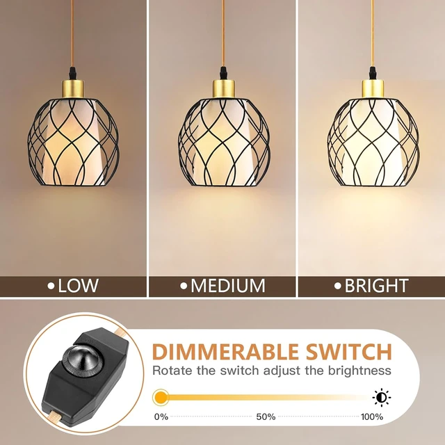 Alt view image 2 of 7 - Cinkeda Plug in Pendant Light, Black Farmhouse Hanging Lights with Linen Shade, 15ft Golden Cotton Cord, Industrail Ceiling Lamp with Dimmable Switch, for Kitchen Island Living Room (Bulb Included)