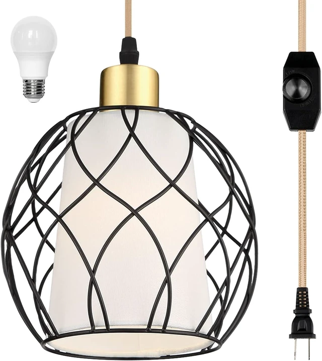 Main image of Cinkeda Plug in Pendant Light, Black Farmhouse Hanging Lights with Linen Shade, 15ft Golden Cotton Cord, Industrail Ceiling Lamp with Dimmable Switch, for Kitchen Island Living Room (Bulb Included)