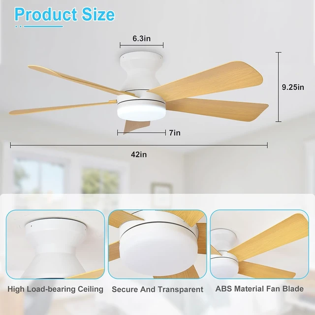 Alt view image 5 of 7 - Depuley Modern Ceiling Fan with Light: 42-Inch White Small Fans for Bedroom Indoor Outdoor - Dimmable Low Profile Ceiling Fans with Remote Control Flush Mount 5 Reversible Wood Blades 6 Speeds Timer