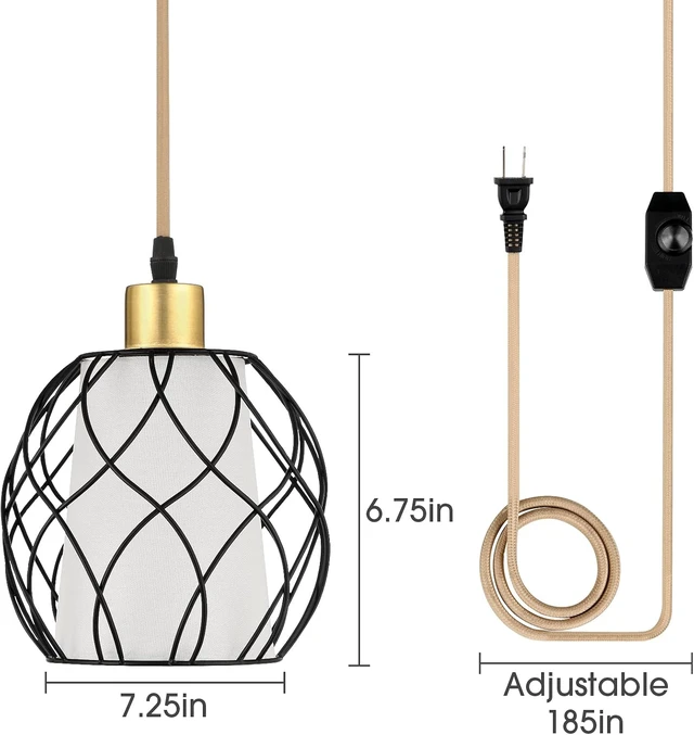 Alt view image 5 of 7 - Cinkeda Plug in Pendant Light, Black Farmhouse Hanging Lights with Linen Shade, 15ft Golden Cotton Cord, Industrail Ceiling Lamp with Dimmable Switch, for Kitchen Island Living Room (Bulb Included)
