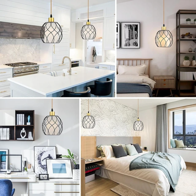 Alt view image 6 of 7 - Cinkeda Plug in Pendant Light, Black Farmhouse Hanging Lights with Linen Shade, 15ft Golden Cotton Cord, Industrail Ceiling Lamp with Dimmable Switch, for Kitchen Island Living Room (Bulb Included)