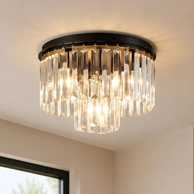 Main image of SM Saint Mossi Crystal Ceiling Light Fixture, 2-Tier Crystal Flush Mount Lighting Fixture for Bedroom, Foyer and Entryway, 3 E12 Base, D12 x H8, Matte Black Finish