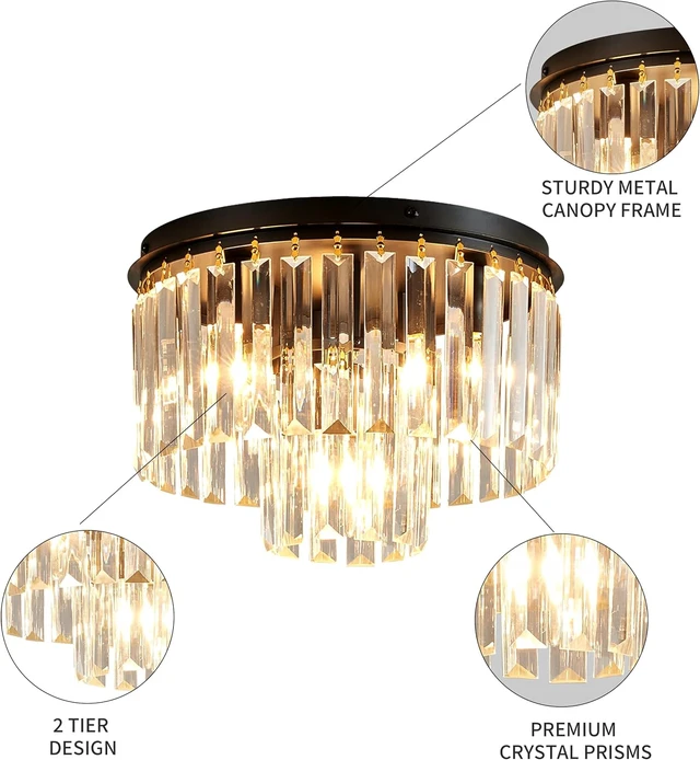 Alt view image 3 of 7 - SM Saint Mossi Crystal Ceiling Light Fixture, 2-Tier Crystal Flush Mount Lighting Fixture for Bedroom, Foyer and Entryway, 3 E12 Base, D12 x H8, Matte Black Finish