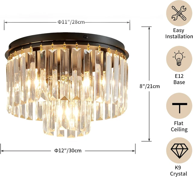 Alt view image 4 of 7 - SM Saint Mossi Crystal Ceiling Light Fixture, 2-Tier Crystal Flush Mount Lighting Fixture for Bedroom, Foyer and Entryway, 3 E12 Base, D12 x H8, Matte Black Finish