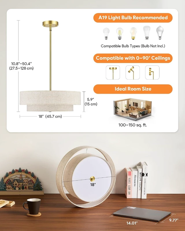 Alt view image 4 of 7 - VONLUCE 18" Modern Drum Chandelier, 4-Light 2-Tier Linen Pendant Light
