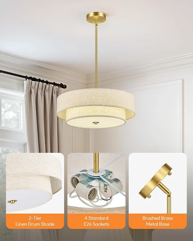 Alt view image 5 of 7 - VONLUCE 18" Modern Drum Chandelier, 4-Light 2-Tier Linen Pendant Light