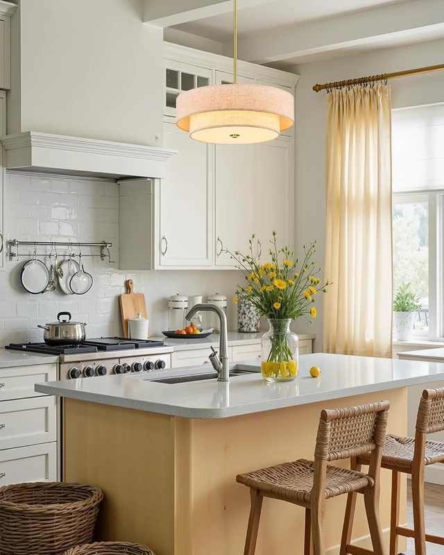 Alt view image 7 of 7 - VONLUCE 18" Modern Drum Chandelier, 4-Light 2-Tier Linen Pendant Light