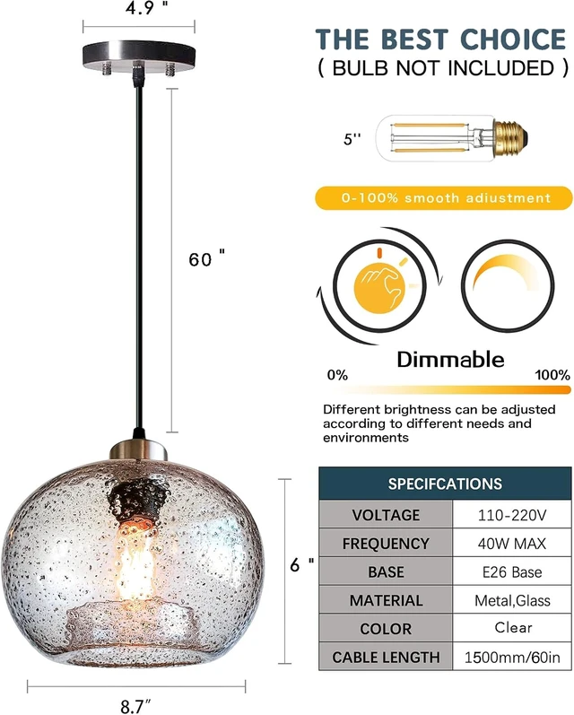 Alt view image 6 of 7 - CASAMOTION Glass Pendant Light, Clear Black Seeded, Brushed Nickel