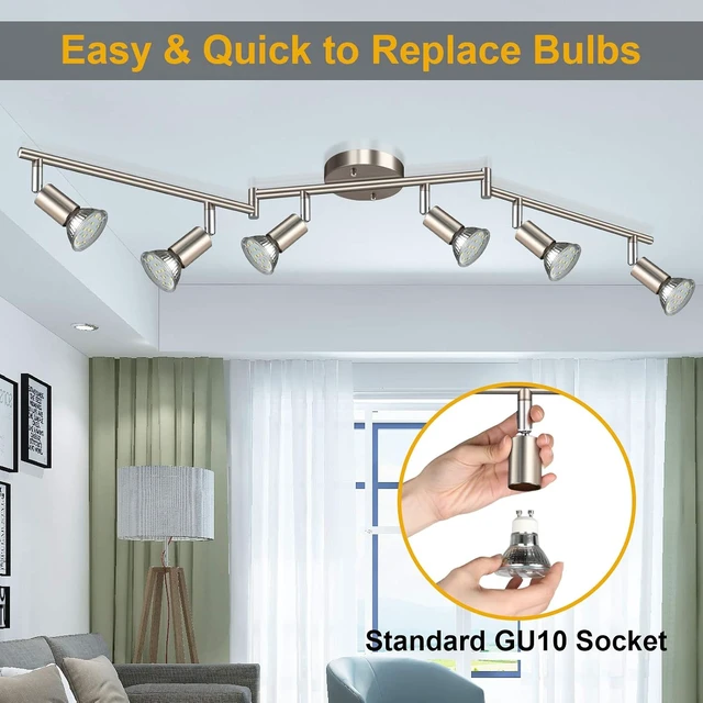 Alt view image 4 of 7 - Ascher 6-Light LED Track Lighting Kit, Flexibly Rotatable Light Heads, 6 Way Ceiling Spotlight Matt Nickel Finish, Including 6 GU10 LED Bulbs (4W 400LM Daylight White 5000K)