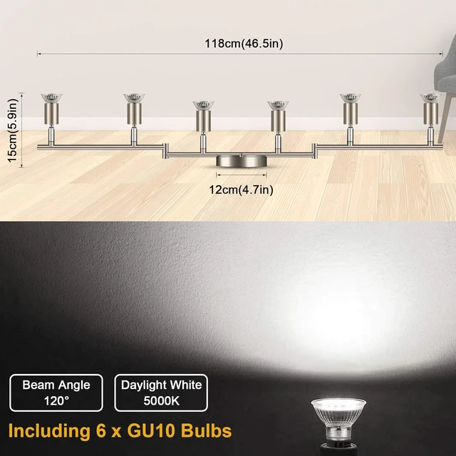 Alt view image 3 of 7 - Ascher 6-Light LED Track Lighting Kit, Flexibly Rotatable Light Heads, 6 Way Ceiling Spotlight Matt Nickel Finish, Including 6 GU10 LED Bulbs (4W 400LM Daylight White 5000K)