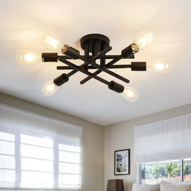 Main image of ASGYISA Semi Flush Mount Modern Ceiling Light Fixture 6 Lights Black Vintage Matte Sputnik Chandelier Ceiling Lamp with E26 Bulb Base for Farmhouse Dining Room Living Room Bedroom Study Kitchen