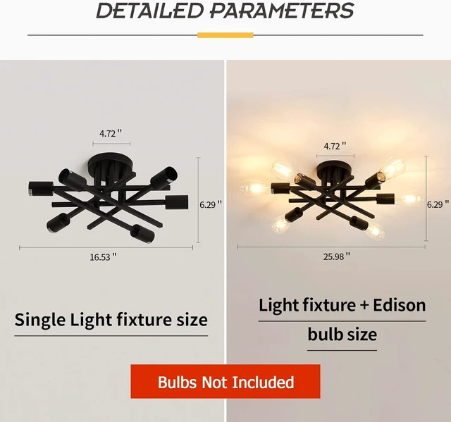 Alt view image 4 of 7 - ASGYISA Semi Flush Mount Modern Ceiling Light Fixture 6 Lights Black Vintage Matte Sputnik Chandelier Ceiling Lamp with E26 Bulb Base for Farmhouse Dining Room Living Room Bedroom Study Kitchen