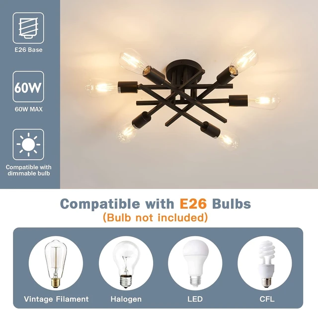 Alt view image 5 of 7 - ASGYISA Semi Flush Mount Modern Ceiling Light Fixture 6 Lights Black Vintage Matte Sputnik Chandelier Ceiling Lamp with E26 Bulb Base for Farmhouse Dining Room Living Room Bedroom Study Kitchen