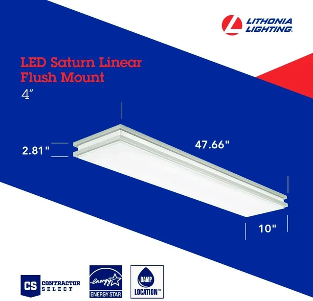 Alt view image 5 of 5 - Lithonia Lighting Saturn 4 Foot LED Kitchen Light Fixture, Linear Flush Mount Ceiling Light, 4000K Cool White, 3206 Lumens, 120 Volts, 39 Watts, Damp Listed, Brushed Nickel (FMFL 30840 SATL BN)
