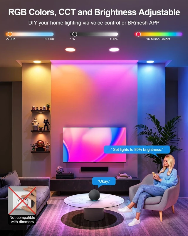 Alt view image 4 of 7 - DUSKTEC Smart Recessed Lighting 4 Inch Color Changing LED Recessed Lights