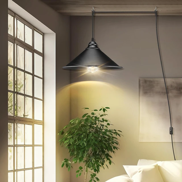Alt view image 3 of 6 - Black Plug in Pendant Light, Industrial Hanging Light with Plug in Cord