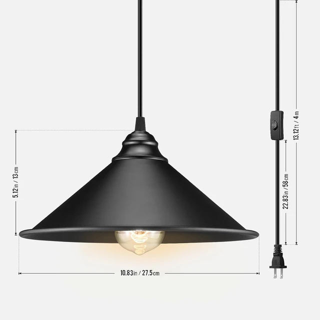 Alt view image 6 of 6 - Black Plug in Pendant Light, Industrial Hanging Light with Plug in Cord