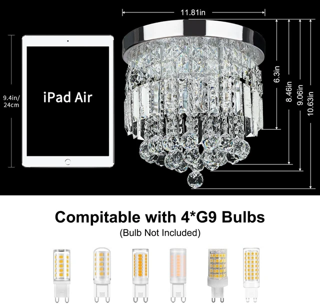 Alt view image 5 of 7 - TISLYCO 4 Lights Crystal Chandeliers Light, Elegant Raindrop Crystal Chandelier Lighting Fixture, Modern Flush Mount Ceiling Light for Closet, Bedroom, Hallway, Kitchen, Living Room