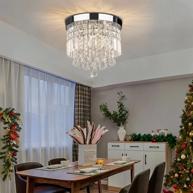 Alt view image 7 of 7 - TISLYCO 4 Lights Crystal Chandeliers Light, Elegant Raindrop Crystal Chandelier Lighting Fixture, Modern Flush Mount Ceiling Light for Closet, Bedroom, Hallway, Kitchen, Living Room