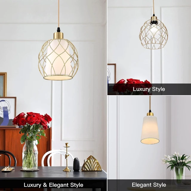 Alt view image 2 of 7 - Ruzectt Plug in Pendant Light, Gold Hanging Lamp with Dimmable Switch, 15 ft Golden Cotton Cord, Hanging Light Fixture for Kitchen, Living Room, Bedroom (Bulb Included)