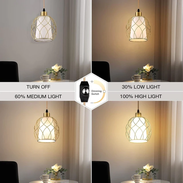 Alt view image 3 of 7 - Ruzectt Plug in Pendant Light, Gold Hanging Lamp with Dimmable Switch, 15 ft Golden Cotton Cord, Hanging Light Fixture for Kitchen, Living Room, Bedroom (Bulb Included)