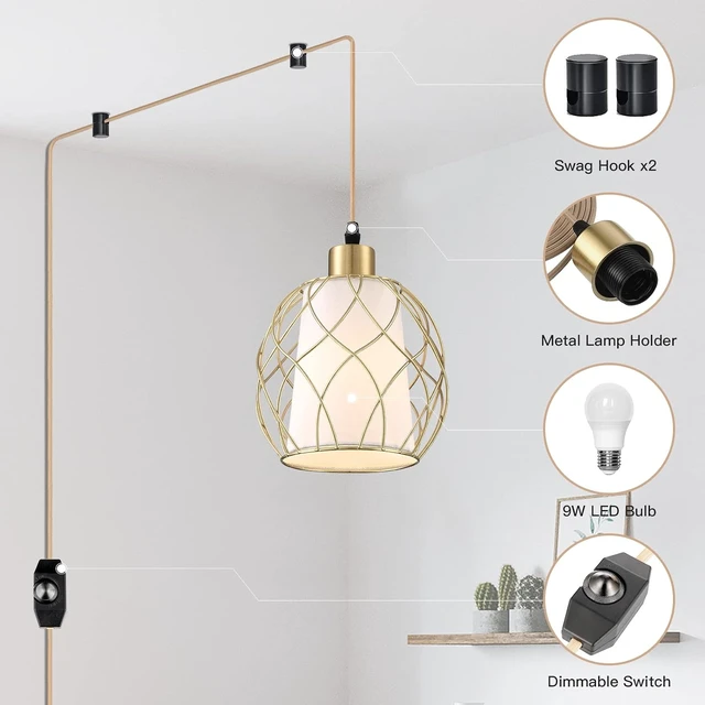 Alt view image 4 of 7 - Ruzectt Plug in Pendant Light, Gold Hanging Lamp with Dimmable Switch, 15 ft Golden Cotton Cord, Hanging Light Fixture for Kitchen, Living Room, Bedroom (Bulb Included)