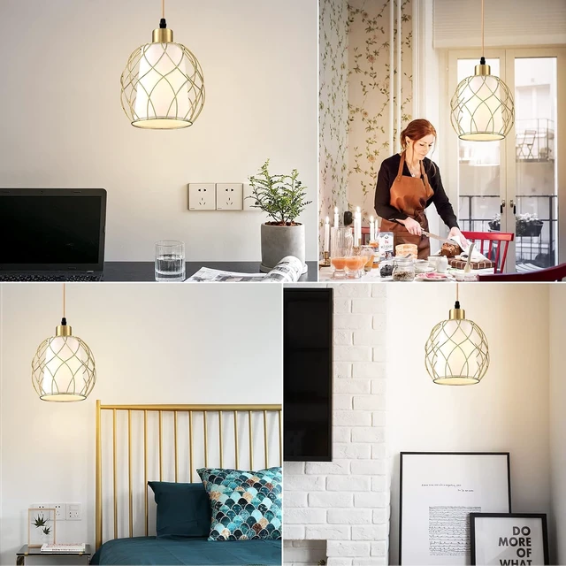 Alt view image 7 of 7 - Ruzectt Plug in Pendant Light, Gold Hanging Lamp with Dimmable Switch, 15 ft Golden Cotton Cord, Hanging Light Fixture for Kitchen, Living Room, Bedroom (Bulb Included)