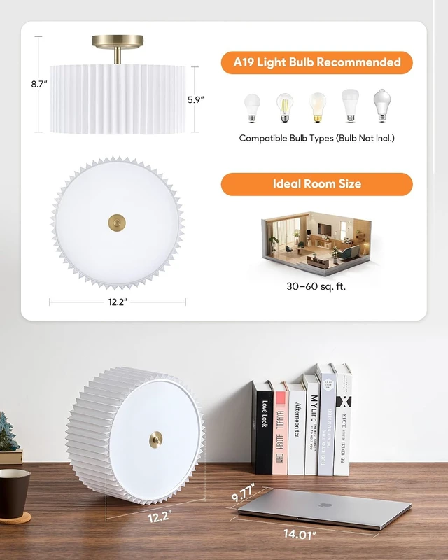 Alt view image 3 of 7 - VONLUCE 12.2" Semi Flush Mount Ceiling Light, 2-Light Drum Light Fixture