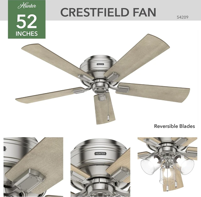 Alt view image 7 of 7 - Hunter Crestfield, Indoor, Ceiling Fan, Quiet, 52 inch, Brushed Nickel