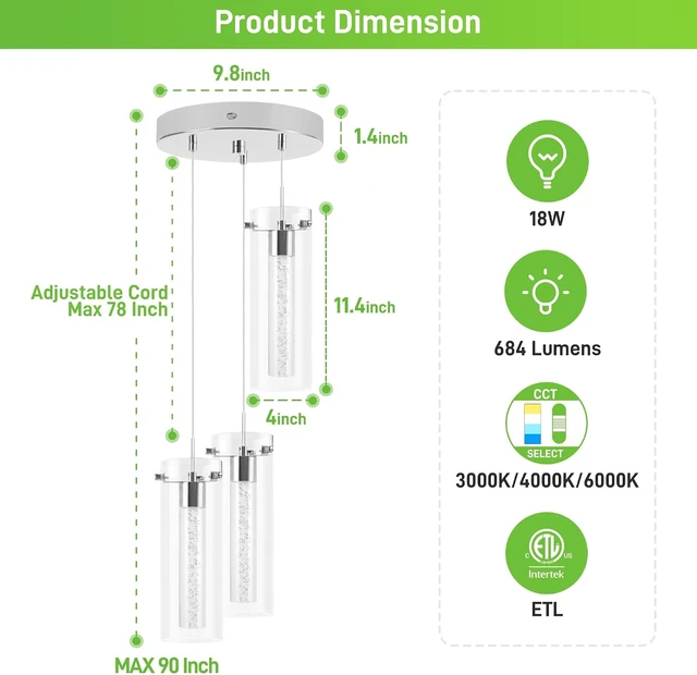 Alt view image 7 of 7 - hykolity 3-Light Bubble Glass Pendant Light, 3CCT Dimmable LED Chandelier