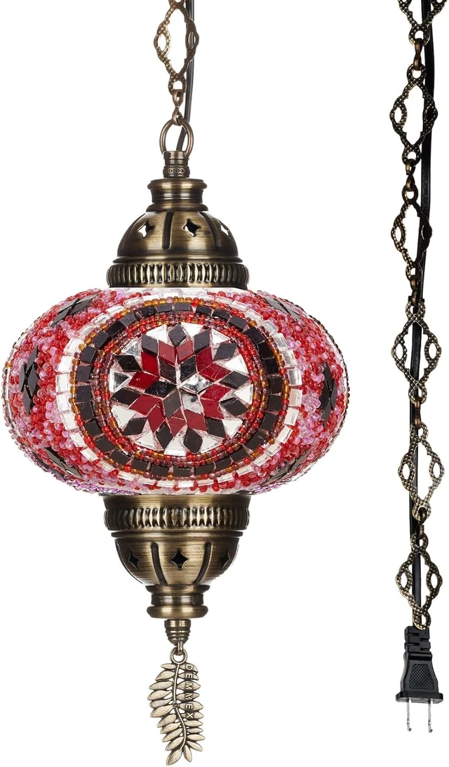 Alt view image 2 of 7 - DEMMEX Plug-in Turkish Moroccan Mosaic Hanging Pendant Ceiling Light Swag Lamp Fixture with 15ft Cord & Chain, Handcrafted Glass, Tiffany Style, Mediterranean Decor (Pink-Red)