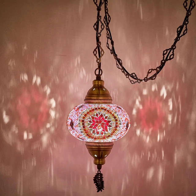 Main image of DEMMEX Plug-in Turkish Moroccan Mosaic Hanging Pendant Ceiling Light Swag Lamp Fixture with 15ft Cord & Chain, Handcrafted Glass, Tiffany Style, Mediterranean Decor (Pink-Red)